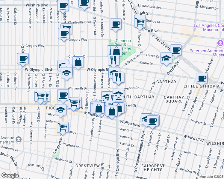 map of restaurants, bars, coffee shops, grocery stores, and more near 1060 South Corning Street in Los Angeles