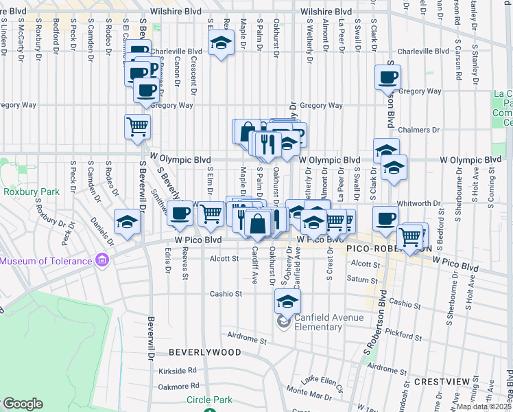 map of restaurants, bars, coffee shops, grocery stores, and more near 461 1/2 South Palm Drive in Beverly Hills