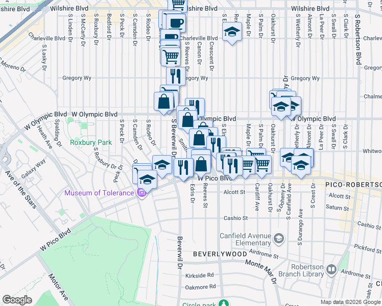 map of restaurants, bars, coffee shops, grocery stores, and more near 458 Smithwood Drive in Beverly Hills