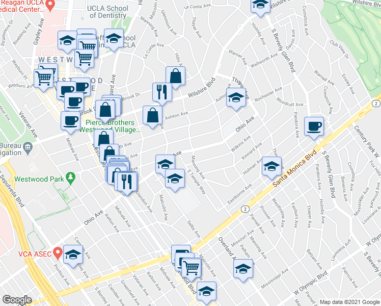 map of restaurants, bars, coffee shops, grocery stores, and more near 10717 Ohio Avenue in Los Angeles