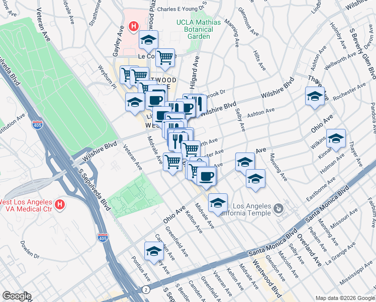 map of restaurants, bars, coffee shops, grocery stores, and more near 10859 Wellworth Avenue in Los Angeles
