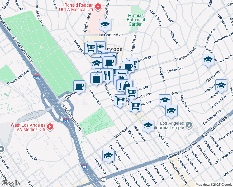 map of restaurants, bars, coffee shops, grocery stores, and more near 10933 Ashton Avenue in Los Angeles