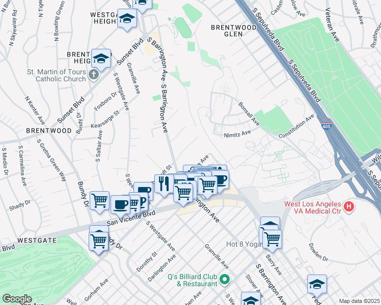 map of restaurants, bars, coffee shops, grocery stores, and more near 11645 Chenault Street in Los Angeles
