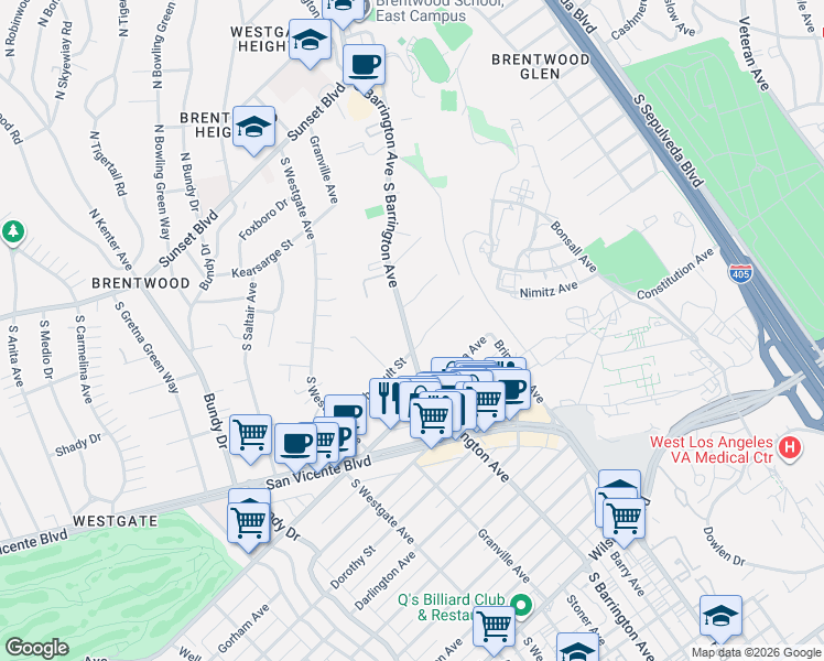 map of restaurants, bars, coffee shops, grocery stores, and more near 11645 Chenault Street in Los Angeles