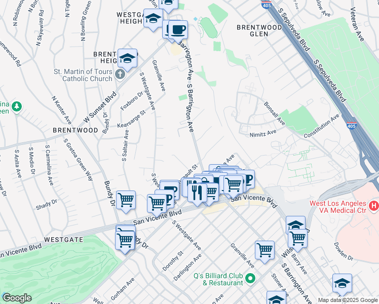 map of restaurants, bars, coffee shops, grocery stores, and more near 605 South Barrington Avenue in Los Angeles