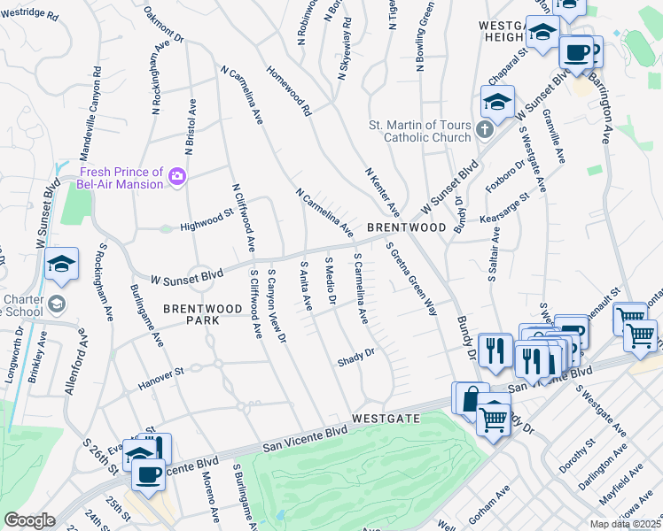 map of restaurants, bars, coffee shops, grocery stores, and more near 104 South Medio Drive in Los Angeles