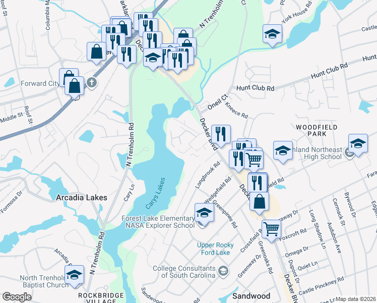 map of restaurants, bars, coffee shops, grocery stores, and more near 1 Arcadia Cove in Columbia