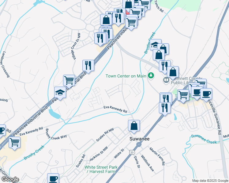 map of restaurants, bars, coffee shops, grocery stores, and more near 595 Stonepark Lane in Suwanee