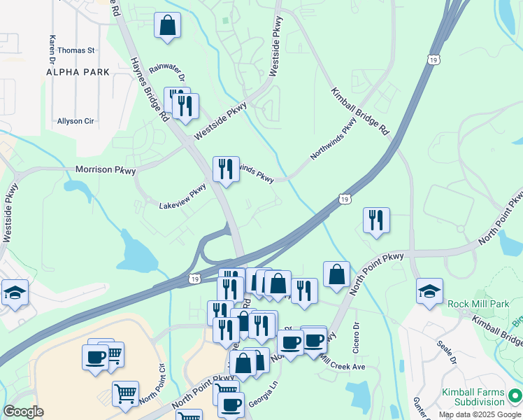 map of restaurants, bars, coffee shops, grocery stores, and more near 11385 Haynes Bridge Rd in Alpharetta