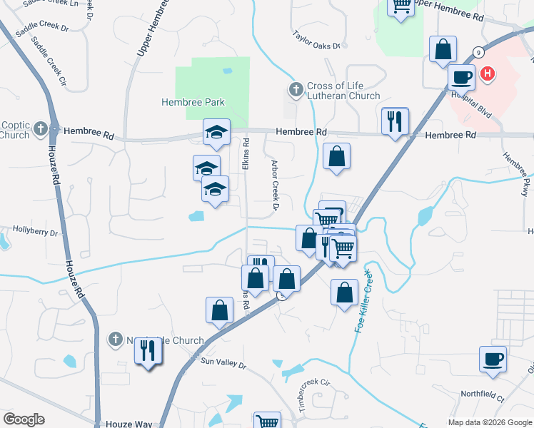 map of restaurants, bars, coffee shops, grocery stores, and more near 505 Arbor Creek Court in Roswell