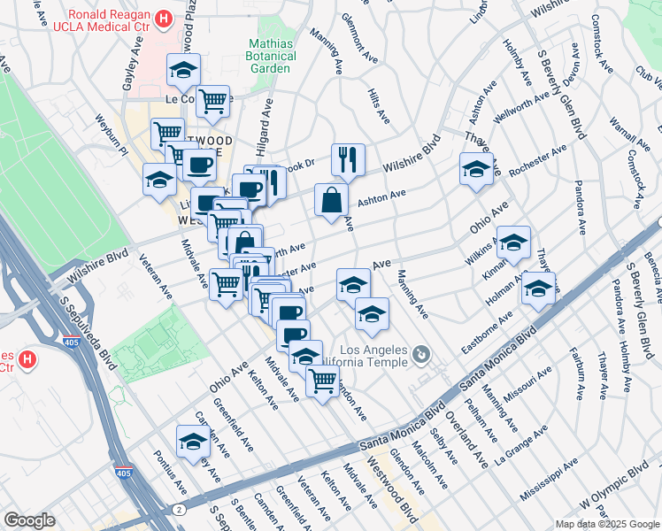 map of restaurants, bars, coffee shops, grocery stores, and more near 10772 Rochester Avenue in Los Angeles