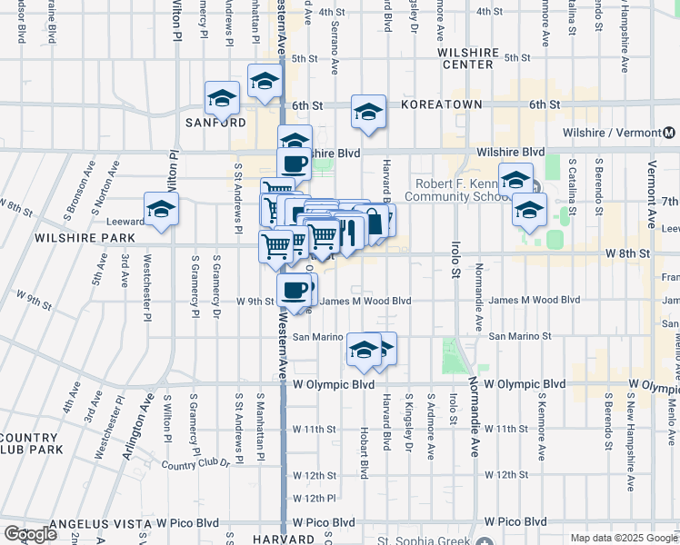 map of restaurants, bars, coffee shops, grocery stores, and more near 820 South Serrano Avenue in Los Angeles