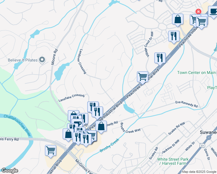 map of restaurants, bars, coffee shops, grocery stores, and more near 825 Yosemite Drive Northwest in Suwanee