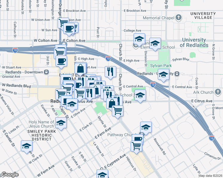 map of restaurants, bars, coffee shops, grocery stores, and more near 113 East 11th Street in Redlands