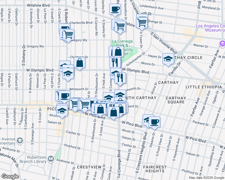 map of restaurants, bars, coffee shops, grocery stores, and more near 8520 Whitworth Drive in Los Angeles