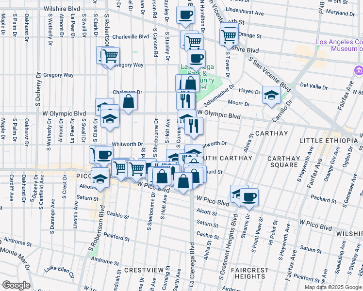 map of restaurants, bars, coffee shops, grocery stores, and more near 8520 Whitworth Drive in Los Angeles