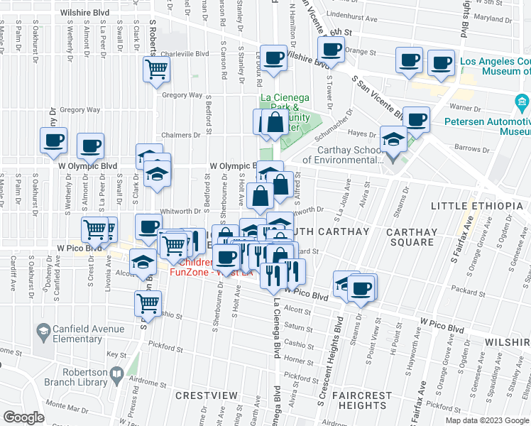 map of restaurants, bars, coffee shops, grocery stores, and more near 1060 South Corning Street in Los Angeles
