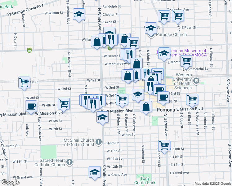 map of restaurants, bars, coffee shops, grocery stores, and more near 275 South Rebecca Street in Pomona