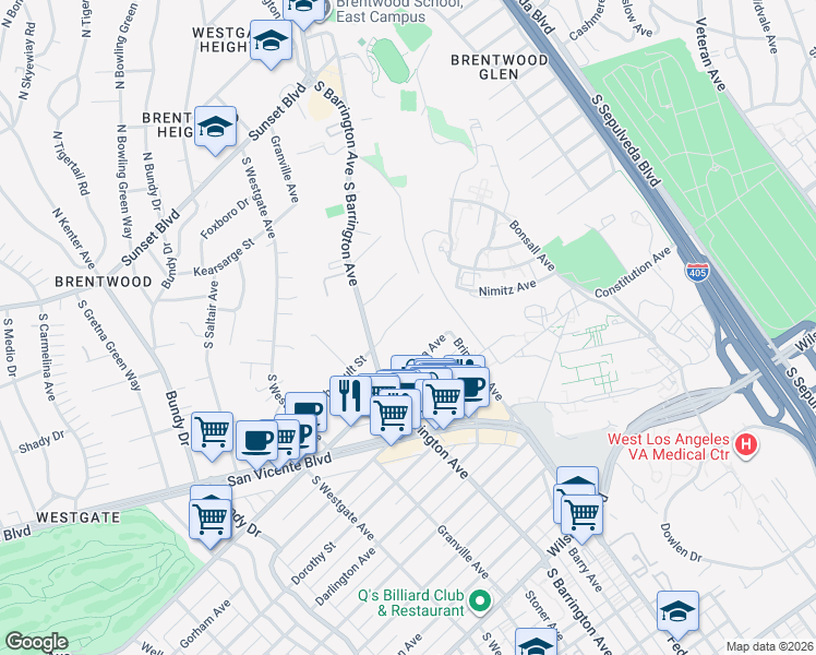 map of restaurants, bars, coffee shops, grocery stores, and more near 11645 Chenault Street in Los Angeles