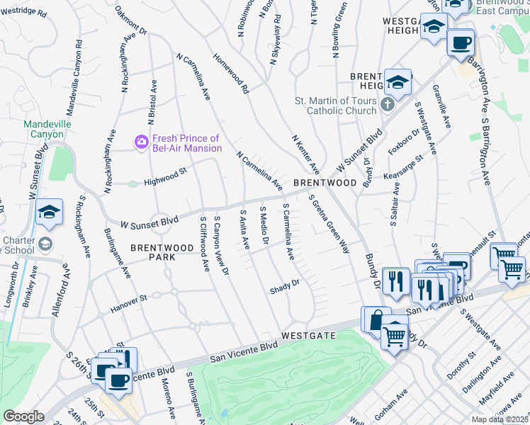 map of restaurants, bars, coffee shops, grocery stores, and more near 116 South Medio Drive in Los Angeles