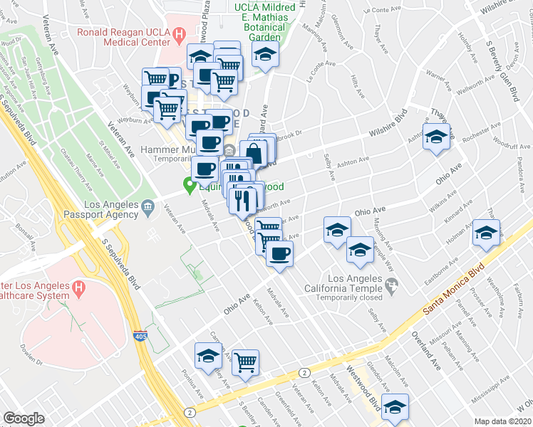 map of restaurants, bars, coffee shops, grocery stores, and more near 10856 Wellworth Avenue in Los Angeles
