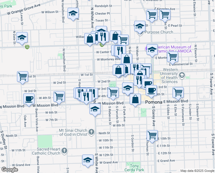 map of restaurants, bars, coffee shops, grocery stores, and more near 275 South Rebecca Street in Pomona