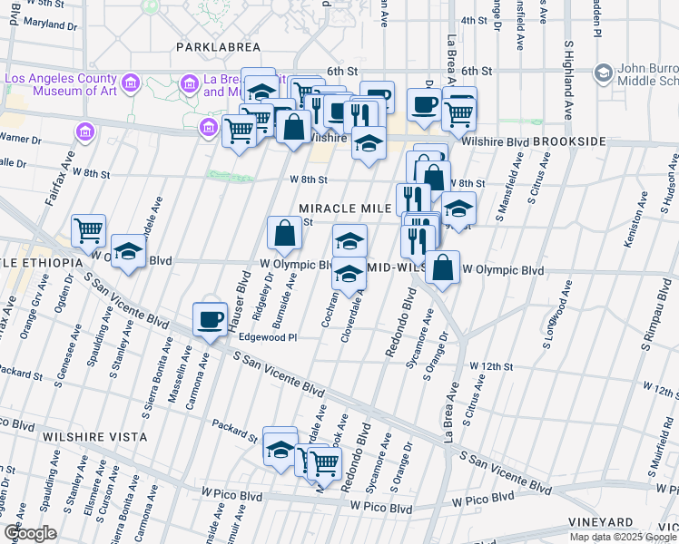 map of restaurants, bars, coffee shops, grocery stores, and more near 5500 West Olympic Boulevard in Los Angeles