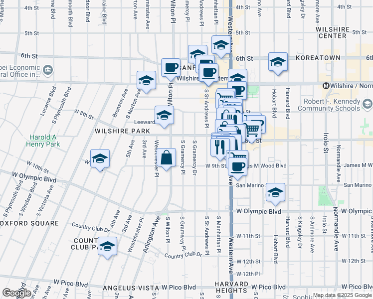 map of restaurants, bars, coffee shops, grocery stores, and more near 832 South Gramercy Place in Los Angeles
