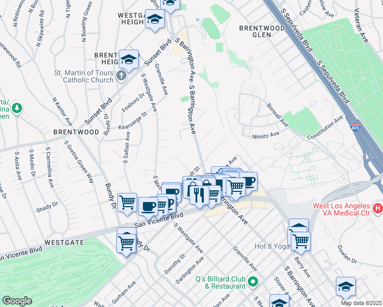 map of restaurants, bars, coffee shops, grocery stores, and more near 621 South Barrington Avenue in Los Angeles