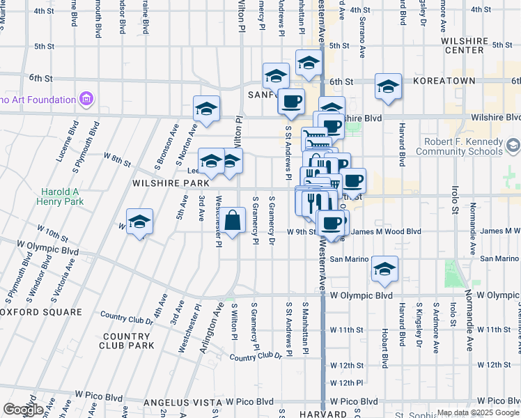 map of restaurants, bars, coffee shops, grocery stores, and more near 832 South Gramercy Place in Los Angeles
