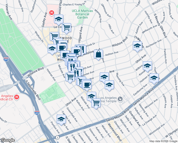 map of restaurants, bars, coffee shops, grocery stores, and more near 10815 Rochester Avenue in Los Angeles