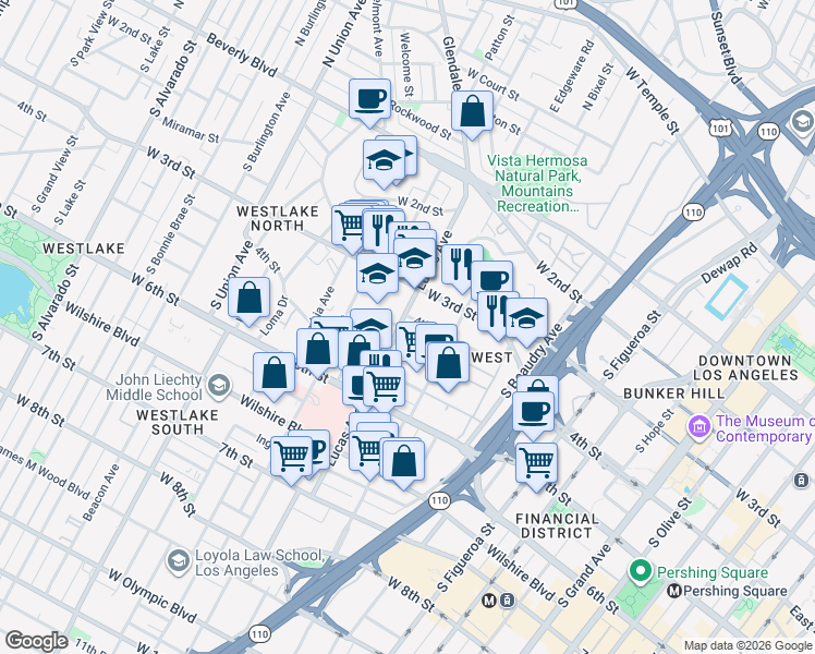 map of restaurants, bars, coffee shops, grocery stores, and more near 322 Lucas Avenue in Los Angeles
