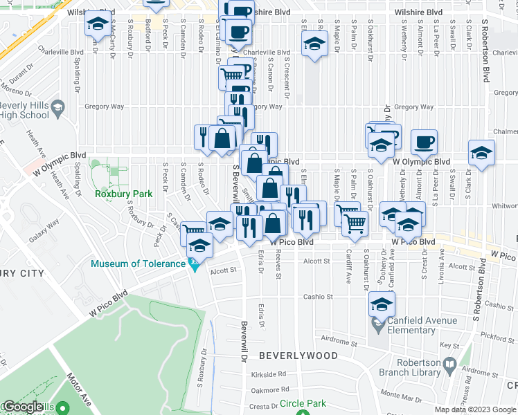 map of restaurants, bars, coffee shops, grocery stores, and more near 500 Smithwood Drive in Beverly Hills
