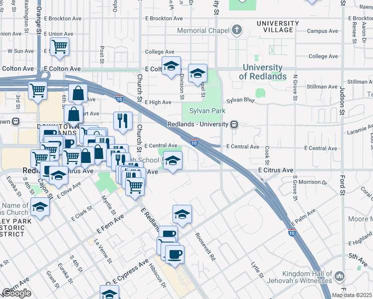map of restaurants, bars, coffee shops, grocery stores, and more near 922 East Central Avenue in Redlands
