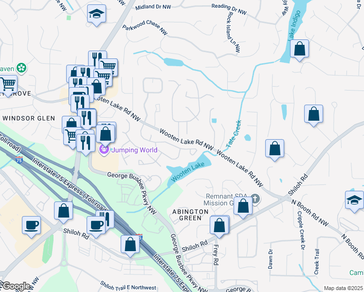 map of restaurants, bars, coffee shops, grocery stores, and more near 4239 Glenlake Parkway Northwest in Kennesaw