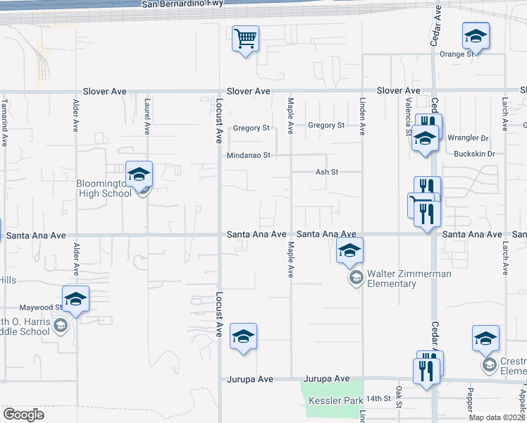 map of restaurants, bars, coffee shops, grocery stores, and more near 10837 Birch Avenue in Bloomington