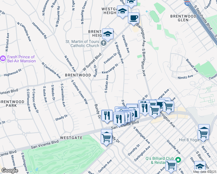 map of restaurants, bars, coffee shops, grocery stores, and more near 320 South Saltair Avenue in Los Angeles