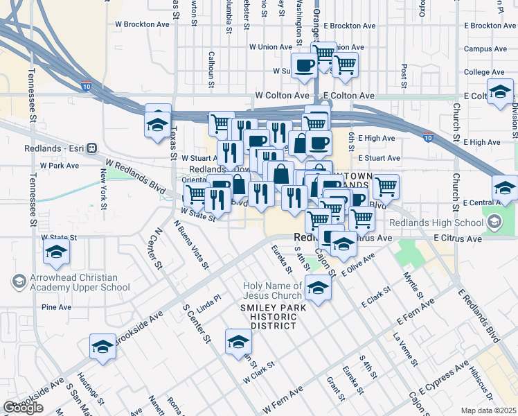 map of restaurants, bars, coffee shops, grocery stores, and more near 301 West Redlands Boulevard in Redlands