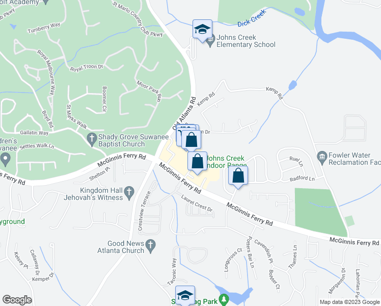 map of restaurants, bars, coffee shops, grocery stores, and more near 7780 McGinnis Ferry Road in Suwanee