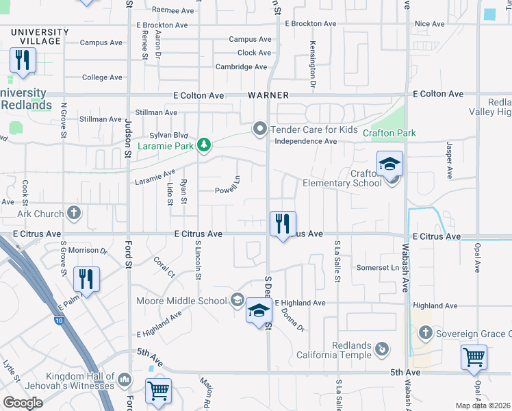 map of restaurants, bars, coffee shops, grocery stores, and more near 1582 Lisa Lane in Redlands
