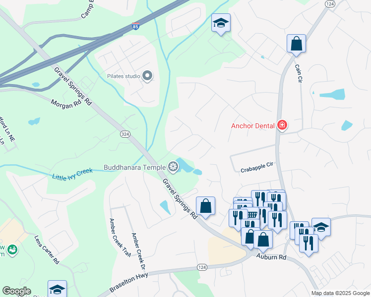 map of restaurants, bars, coffee shops, grocery stores, and more near 2602 Midler Court in Buford