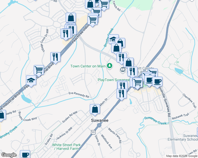 map of restaurants, bars, coffee shops, grocery stores, and more near 519 Greenpark Drive in Suwanee