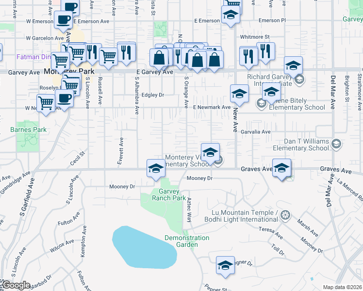 map of restaurants, bars, coffee shops, grocery stores, and more near 425 South Orange Avenue in Monterey Park