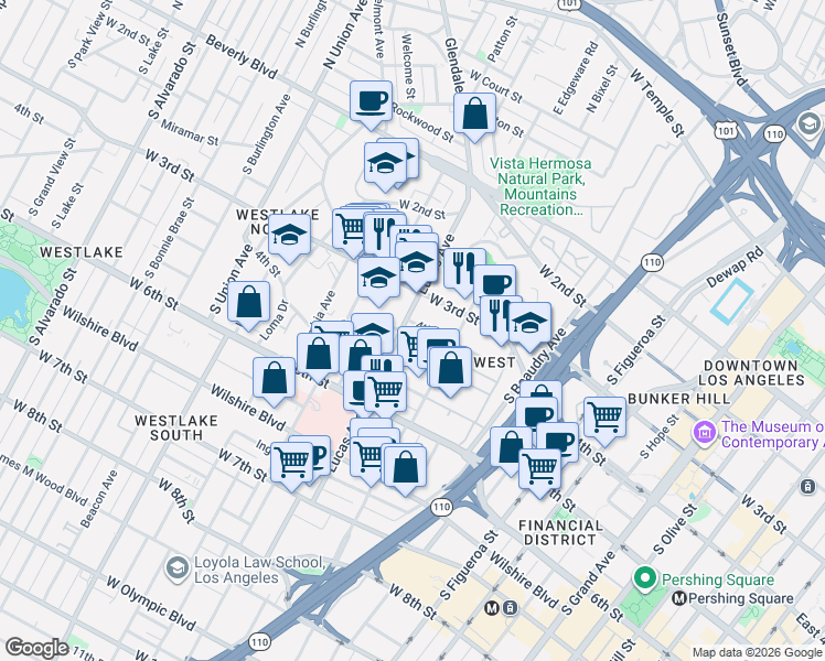 map of restaurants, bars, coffee shops, grocery stores, and more near 322 Lucas Avenue in Los Angeles
