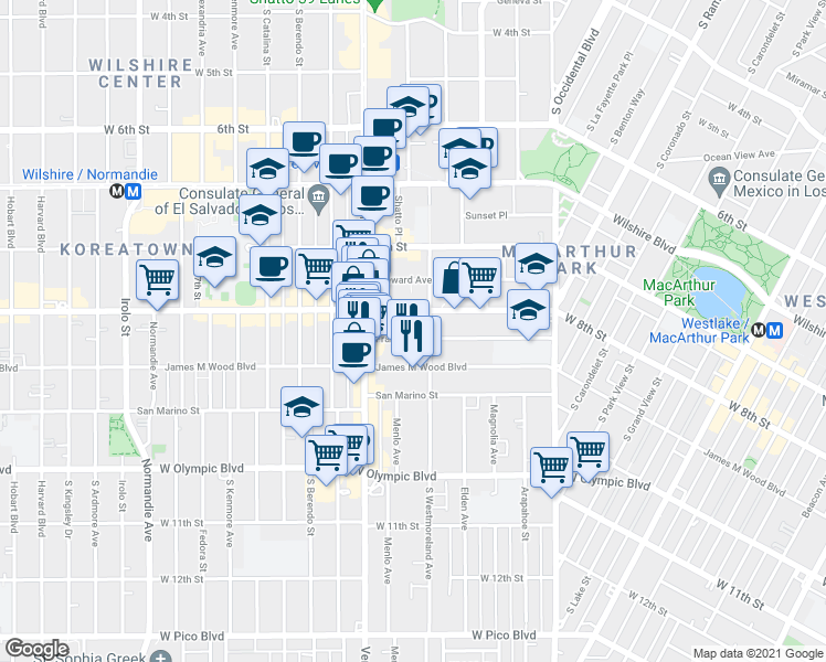 map of restaurants, bars, coffee shops, grocery stores, and more near 2936 West 8th Street in Los Angeles