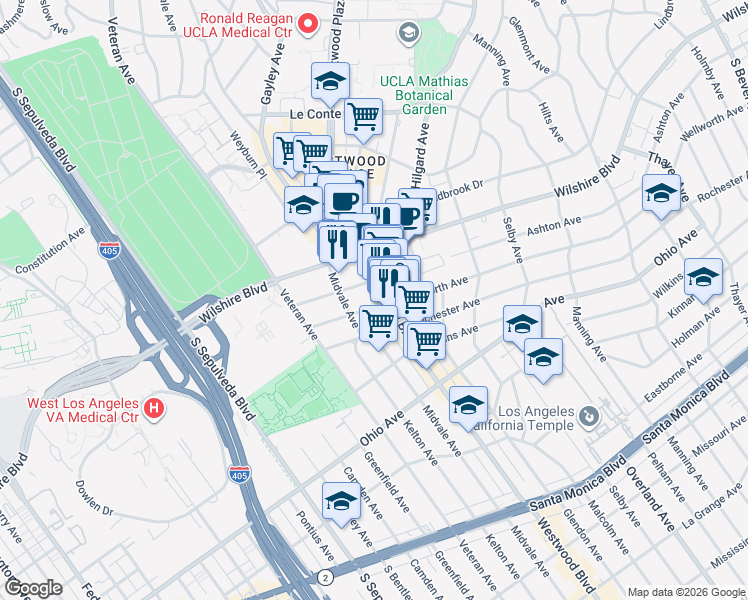 map of restaurants, bars, coffee shops, grocery stores, and more near 1234 Westwood Boulevard in Los Angeles