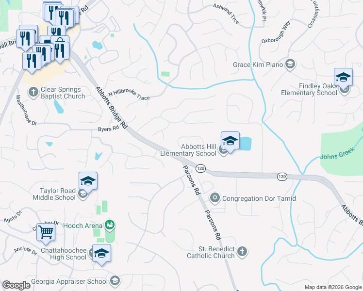 map of restaurants, bars, coffee shops, grocery stores, and more near 5453 Laurel Ridge Drive in Alpharetta
