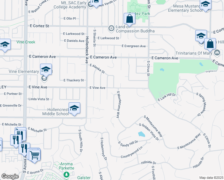 map of restaurants, bars, coffee shops, grocery stores, and more near 2328 East Vine Avenue in West Covina