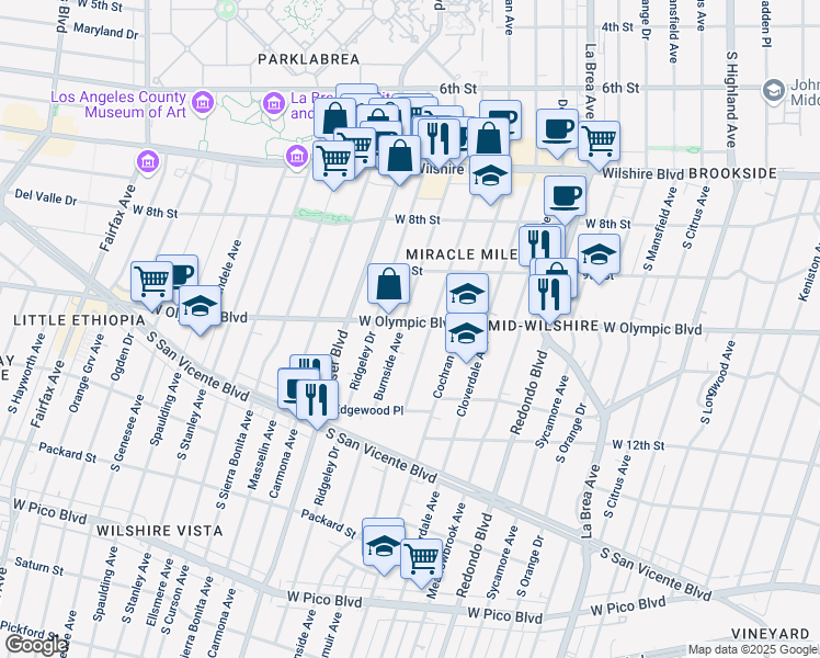 map of restaurants, bars, coffee shops, grocery stores, and more near 5601 West Olympic Boulevard in Los Angeles