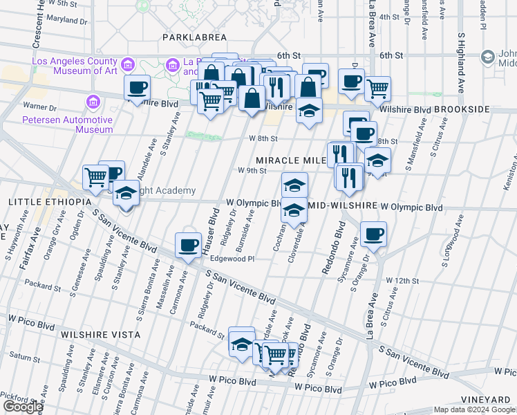 map of restaurants, bars, coffee shops, grocery stores, and more near in Los Angeles